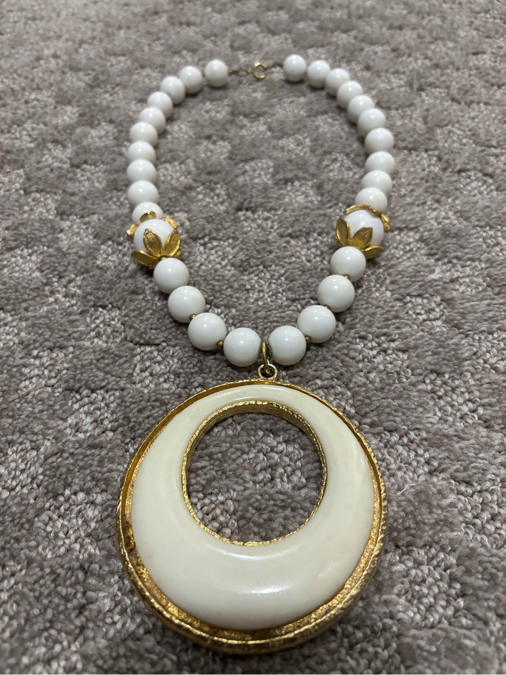 Vintage White Beaded Necklace with Gold-Tone Crescent Pendant
